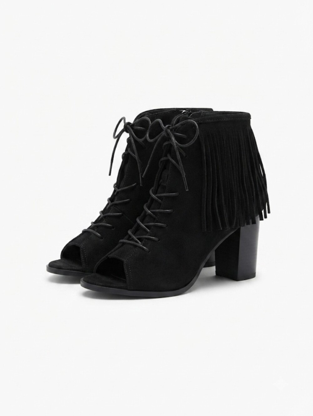 Gizeth Black Fringe Lace-Up Peep-Toe Ankle Boots Size 40